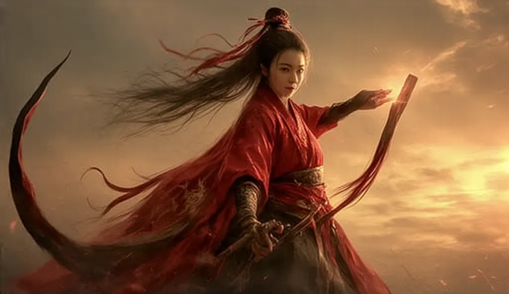 mei lan, a wise and elegant witch, radiating a peaceful but powerful aura. her robes are a graceful blend of red and gold, inspi...