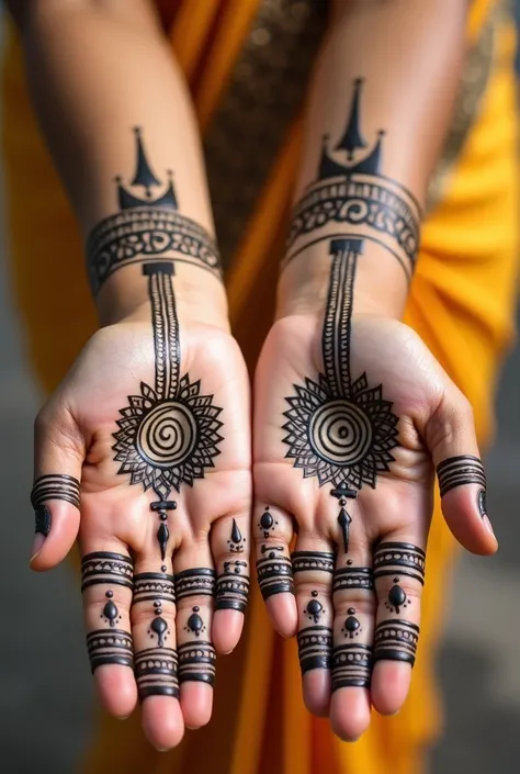 Create henna desigj with Lord Murugans VEL on it as the main element, it has to be simple henna design on 3 front hands and make it clear 