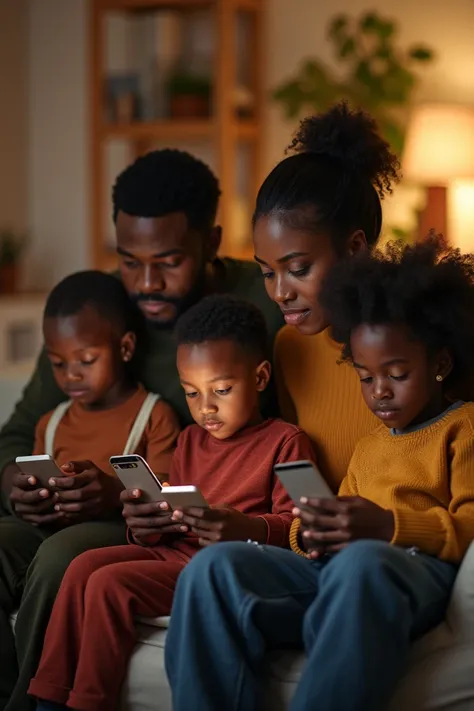 Photo qui exprime la non collaboration en famille noire africaine où chacun est occupé dans son portable chacun dans son coin au lieu de converser