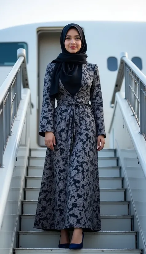  A young beautiful woman wearing a closed hijab modern style cool style ,Black White Batik Suit Dress Long Skirt Navy Plain Heals Shoes Black Women Smiling Sweet Happy,  standing on the boarding stairs woman looking at the camera ,  the roof of the plane c...