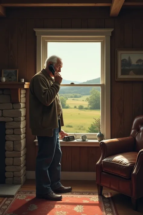 A rather elderly man stands by a window in a rural house, taking a call on a small telephone.