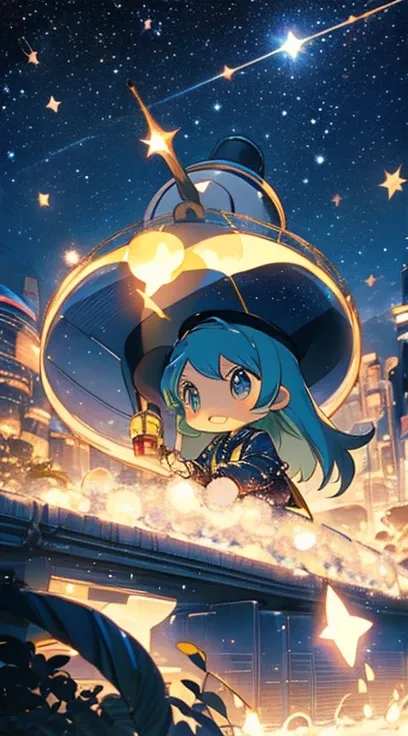 Starry Night,A train that transcends time and space, (Galaxy Express 999:Time Jumping), cute, Chibi character,  owl under guard, Get on the locomotive， back view, Ultra Wide Angle, Sparkle Effect,   best quality , 