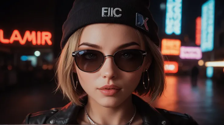 Face close up, alternative girl, watching over black sunglasses, jacket, necklace, neon light reflections on skin, ear ring, makeup, skin imperfection, short hair, beanie, neon lights background, low light, depth of field, highly detailed, high contrast, f...