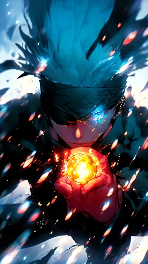 character gojo satoru, jujutsu kaisen, anime, dynamic pose, dynamic pose gojo, wallpaper, HD image, glowing aura of blue and purple energy, creating a mystical yet modern cyberpunk aesthetic, The figure holds a radiant energy orb in their hands, with shard...