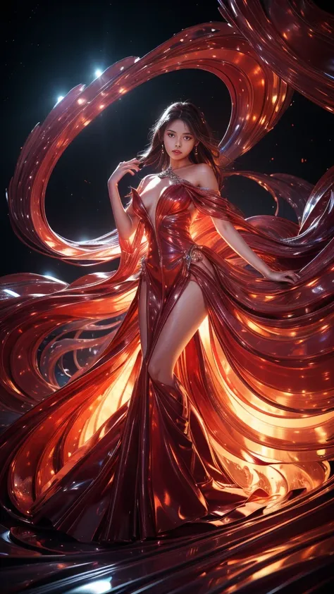 Full figure, seven -clinging shooting, 18 years old, wearing transparent science fiction dress, exquisite faces, details, hands, ultimate details, amazing magnificence, LED internal lighting, Pedaipan style, fiber hair, glowing red iris, glowing red iris, ...