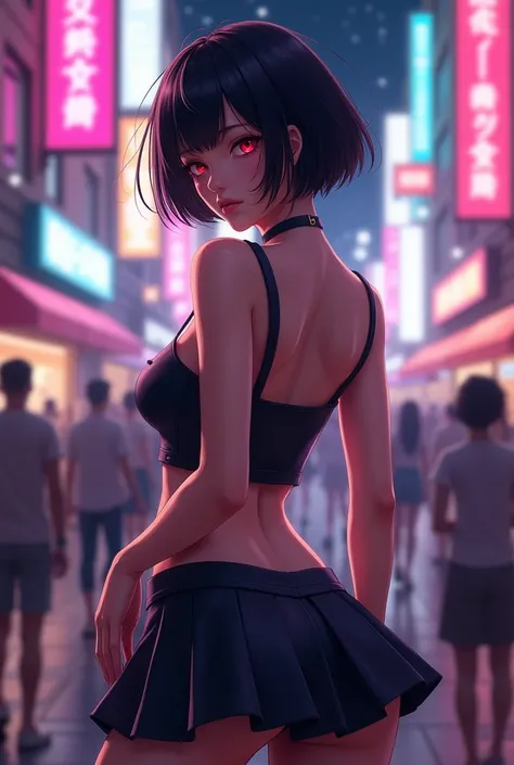 ((masterpiece)), (best quality),, official art, extremely detailed CG unity 8k wallpaper, highly detailed, shiny skin, Depth of field, vivid color,, 1girl, (curvy:0.4), (full body:0.6),, short hair, bangs, red eyes, skirt, looking at viewer, night, street,...