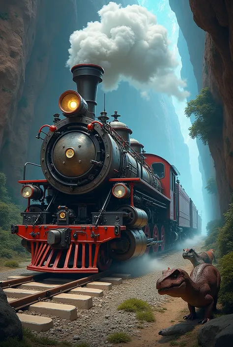 there is a train that is going through a tunnel with dinosaurs, biomechanical railroad, surrealistic digital artwork, traveling through time, big train in space, steampunk digital art, time travel machine, time travel, digital steampunk art, epic surrealis...