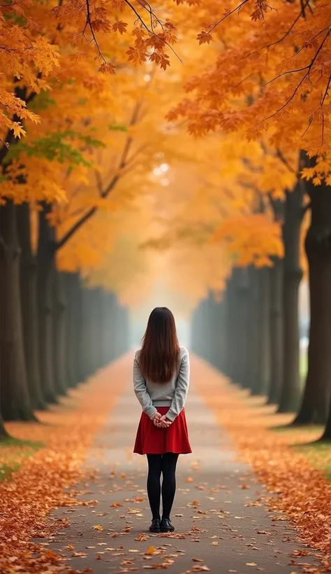 A peaceful autumn scene with a long, straight pathway covered by a canopy of vibrant orange and golden autumn leaves. The path is lined with tall trees with rich foliage, creating a tunnel-like effect. In the center of the pathway, a young woman stands wit...