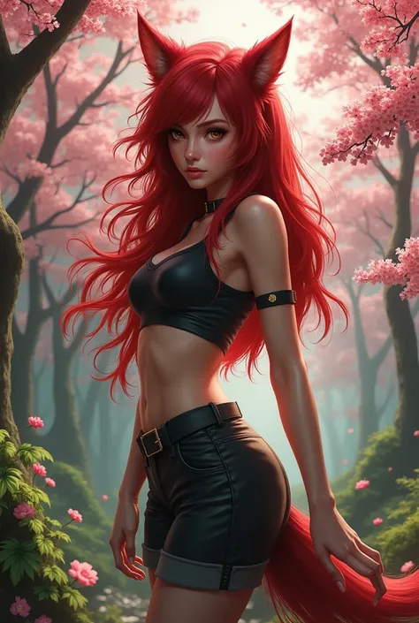 Fille Loup Long cheveux rouge avec arbre Sakura 
