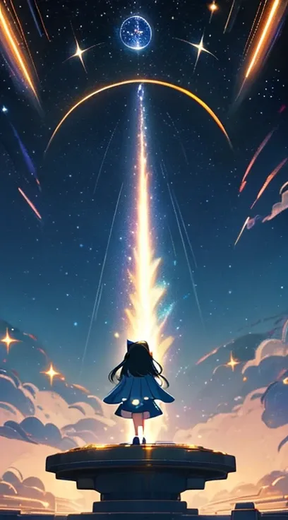 Starry Night,A train that transcends time and space, (Galaxy Express 999:Time Jumping), cute, Chibi character,  owl under guard， back view, Ultra Wide Angle, Sparkle Effect,   best quality , 