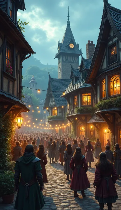  An image depicting the small Darkshire town in Duskwood , do lore de World of Warcraft, during the day,  when Darkshire was a bright and lively city .  There is a town party in the square where everyone is gathered and dancing.  They are waiting for a roy...