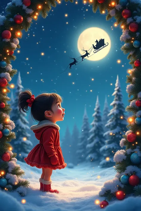 Scene after dark , une enfant petite fille regarde émerveillé, happy,  the shadow of Santa Claus sleigh as it passes in front of the moon in the distance. Pretty Christmas decor , balls and garlands decorate the sparkling and shiny trees . Pixar Watercolor...