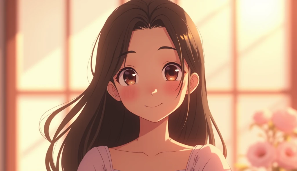 A high-quality 3D anime-style render of a young Asian girl with a radiant, vibrant smile. She gazes directly into the camera, her large, sparkling eyes full of warmth and positivity. Her delicate facial features are complemented by long, flowing hair style...