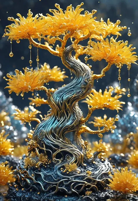 best quality, very good, 16K, amazing, Very detailed, Cute slime tree, Its horns are made of translucent boiling silver lava gold, Grassland background（（A masterpiece full of fantasy elements）））， （（best quality））， （（Intricate details））（8k）