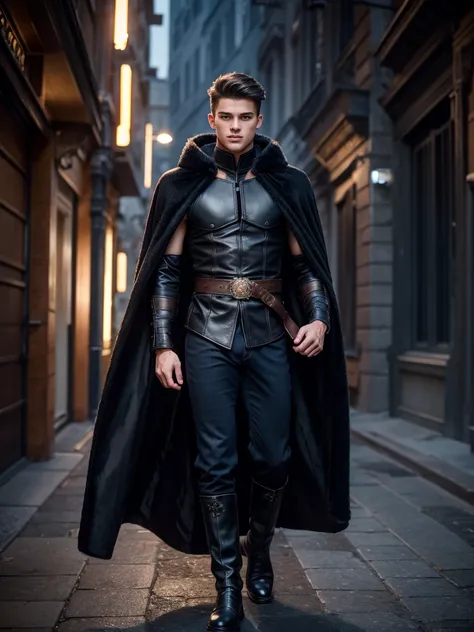 A cute handsome 18-year-old teenager with blue eyes, fit muscular builds, tuxedo, cloak with faux furr on it, highh leather boots, high quality, 8k, photorealistic, hyperrealistic, extremely detailed, masterpiece, cinematic lighting, dynamic composition, v...