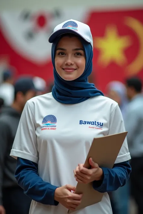  A young woman in hijab working as a Bawaslu employee wears a Bawaslu hat, wearing an official Bawaslu t-shirt with a clearly visible logo . She stands confidently,  holding clipboards or election documents ,  reflects the spirit of work and professionalis...