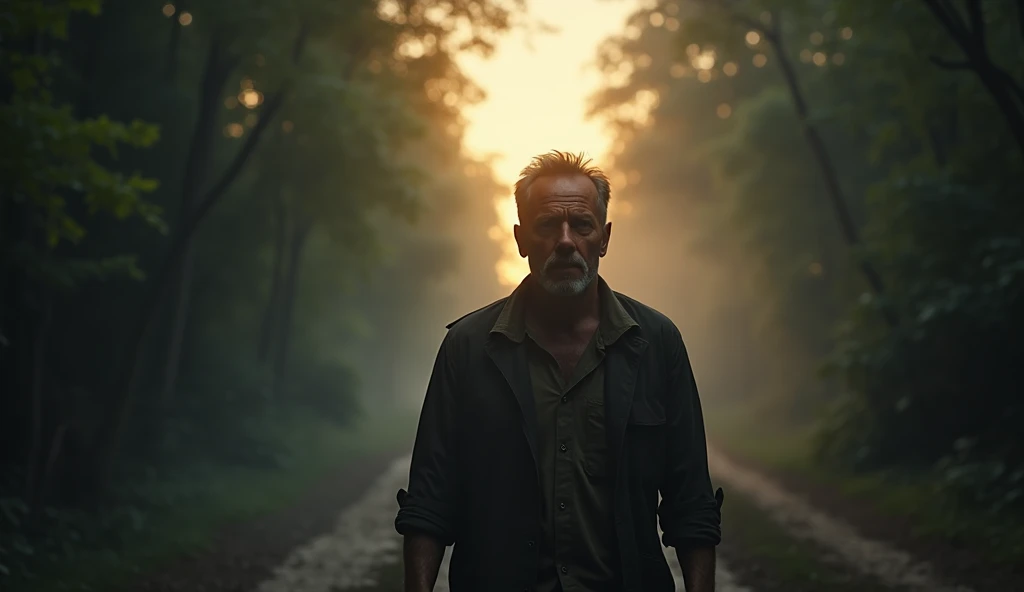 tired and relieved man stepping out of a dense forest as the first rays of dawn pierce through the trees. The forest looks menacing in the background, with a faint mist lingering on the ground, but the warm sunlight suggests safety."



