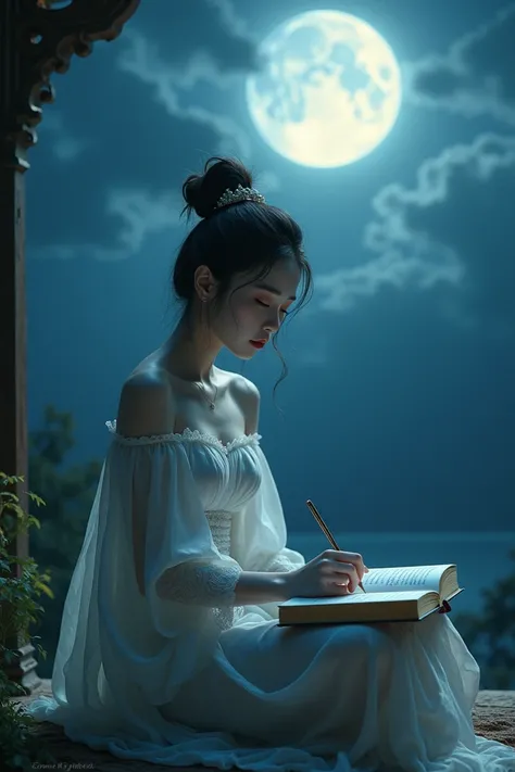 Beautiful woman, snow-white face, white body, good figure, proportional, big boobs, wearing Thai clothes, sitting, writing books, night atmosphere, beautiful moon