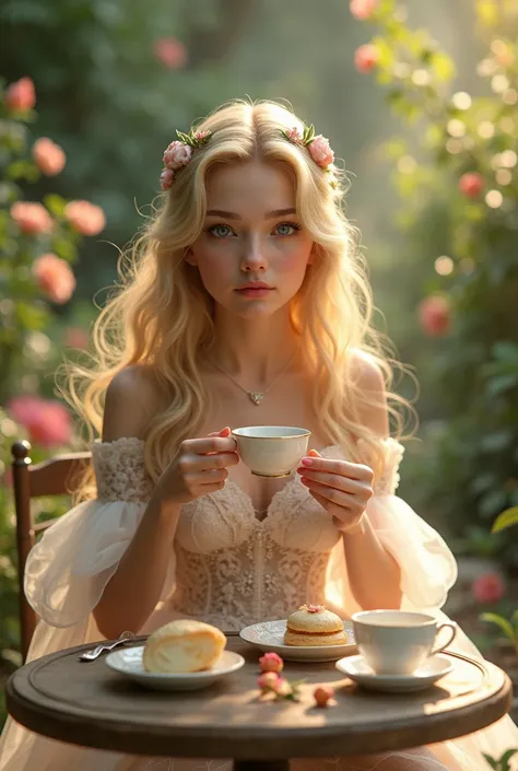 The blonde-haired princess with white skin, looking like a fairy, is drinking tea in the backyard.