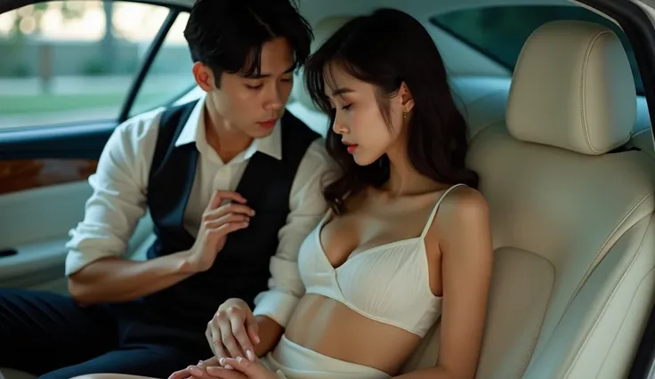 Korean girl, sexy, wearing shirt, short skirt, big breasts, sitting in a luxury car, with a guy in a black vest, the guys hand on the girls chest, white light theme