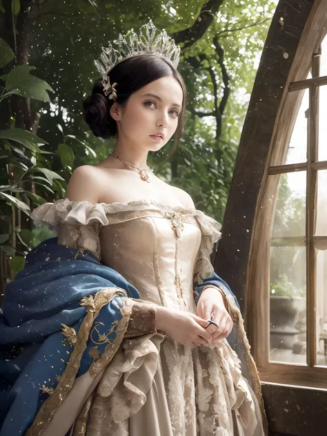 ( ultra high resolution with forest background), (masterpiece), ( attention to detail ), ( High Quality ), (最 High Quality ), ((  Upper Body Shots  )) ,  one girl who is at ease, Medieval Lady, (( queen )), Victorian Style, , silk, Long gown, High upstyle,...