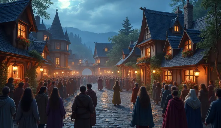  An image depicting the small Darkshire town in Duskwood , do lore de World of Warcraft, during the day,  when Darkshire was a bright and lively city .  There is a town party in the square where everyone is gathered and dancing.  They are waiting for a roy...