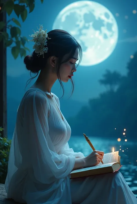 Beautiful woman, snow-white face, white body, good figure, proportional, big boobs, wearing Thai clothes, sitting, writing books, night atmosphere, beautiful moon