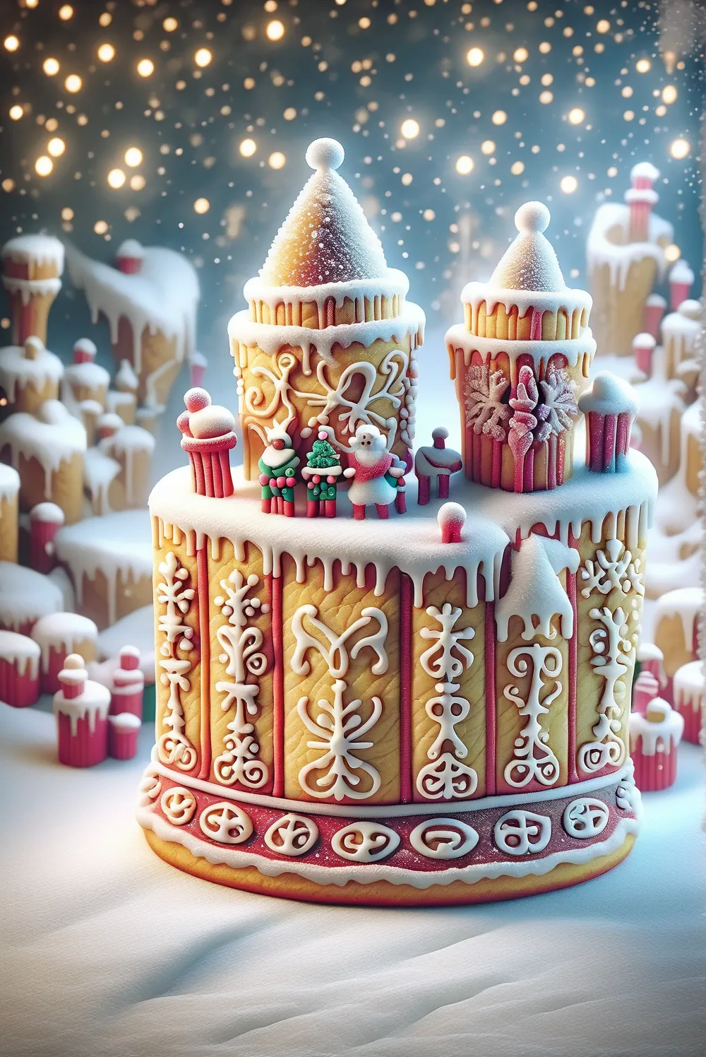 sugar biscuit style, tiny christmas village, (top,:1.2) miniature village, stands on a festively decorated table, coloured light...