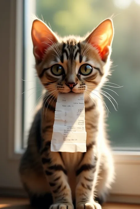 masterpiece, best quality, Photorealistic, realistic, photograph, cat putting out a receipt from its mouth