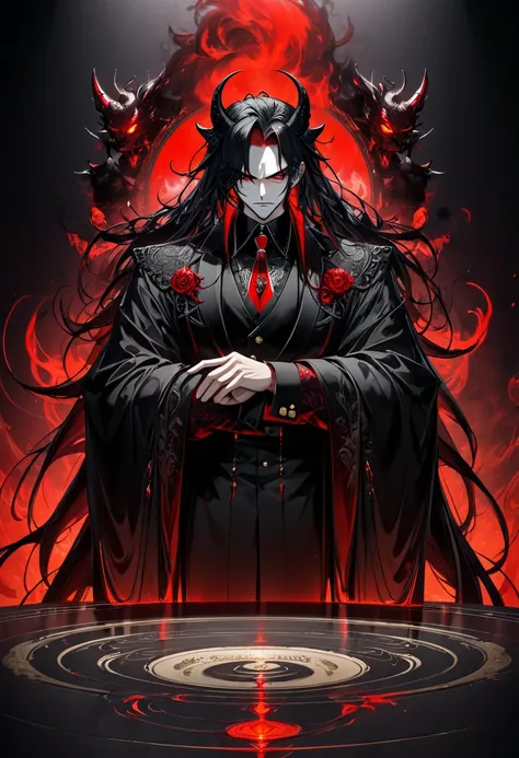 (beautiful and delicate) (Spectacular views illustration), (in a vivid black Dignified Demon King clothes with red aura:1.2), solo, vivid black hair long hair, best immensely cool Demon King Gentleman, age 520, best cool and sharp red eyes, best stocky and...