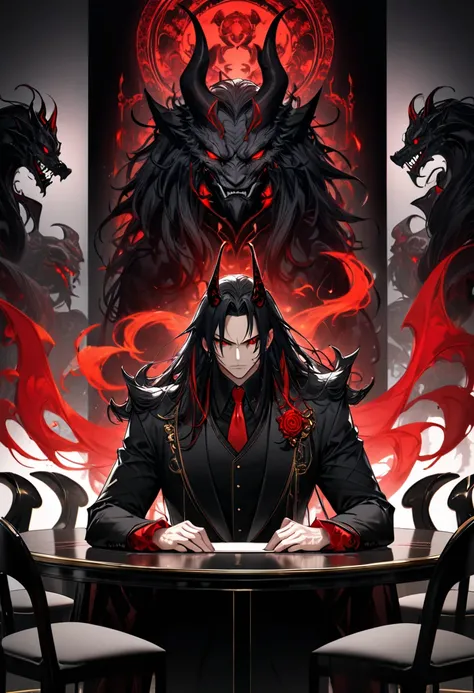 (beautiful and delicate) (Spectacular views illustration), (in a vivid black Dignified Demon King clothes with red aura:1.2), solo, vivid black hair long hair, best immensely cool Demon King Gentleman, age 520, best cool and sharp red eyes, best stocky and...