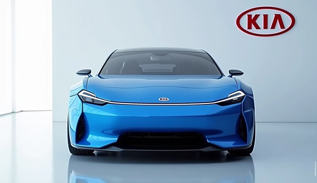 A full attractive hd photo of new 2026. Kia ev9 gt blue color of exterior. A white shiny showroom background logo on the wall. A car with front view of vehicle.