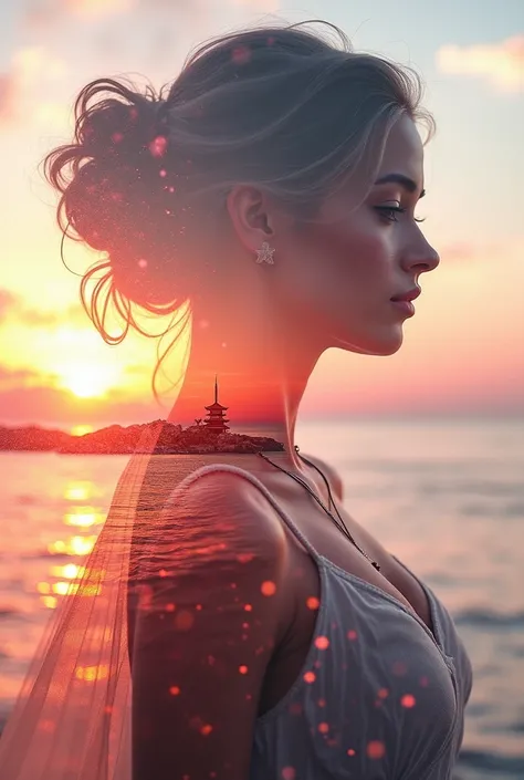 high quality, 8K Ultra HD, A beautiful double exposure that combines an goddess silhouette with sunset coast, sunset coast should serve as the underlying backdrop, with its details incorporated into the goddess , crisp lines, The background is monochrome, ...