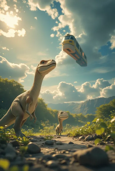 Dinosaurs watch the sky ， A train passes through the sky，Low Angle of View