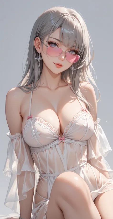 Anime girl, sexy Anime girl, sexy body, perfect body,   sexy figure, transparent white clothing, pink blush whit read shades on cheeks, Breast, sexy pose, lost in thoughts, sexy pose, simple black with gray shades background, simple background, simple and ...