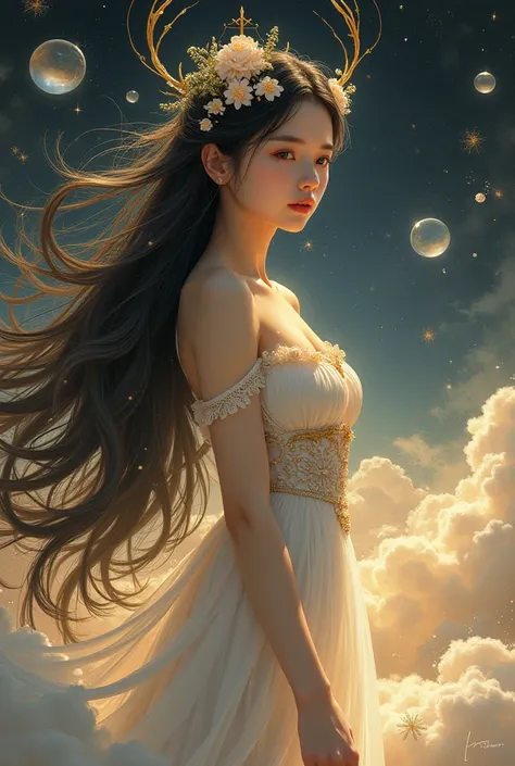 Mansory grid,This is a whole body view of girl highly detailed, digital artwork in an elaborate, fantasy style, featuring a celestial goddess-like figure. The central subject is a girl of Asian descent with fair skin, long, flowing black hair adorned with ...