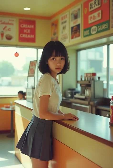 (1girls shot:1.3),(JAPANESE_13yo:1.5),(short_hair:1.3),Portrait MagMix Girl looking at the camera,A retro ice cream shop with pastel-colored walls, Classic Soda Fountain Counter, Vintage ice cream poster, bathed in warm sunlight, Analog Film Photography, K...