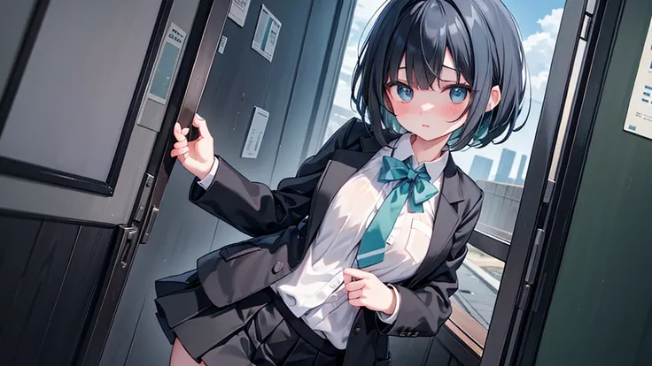 blushした女の子、 black short hair、Green inner color、 light blue eyes、open front uniform 、 open front blazer、 black miniskirt、Black long skirt with right hand pocket 、 cowboy shot,  Dutch angle 、Center the image、blue sky、 medium breasts、 black miniskirt、 ashamed...