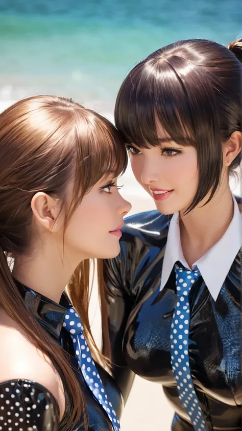 2 girls, In extremely tight shiny latex blouse with buttoned polka dot pattern, Necktie, shiny hair, Lens reflection, Reflected light,  ponytail, Bangs, portrait, Breasts,  seductive smile ,  Facing each other, are on the beach, kiss