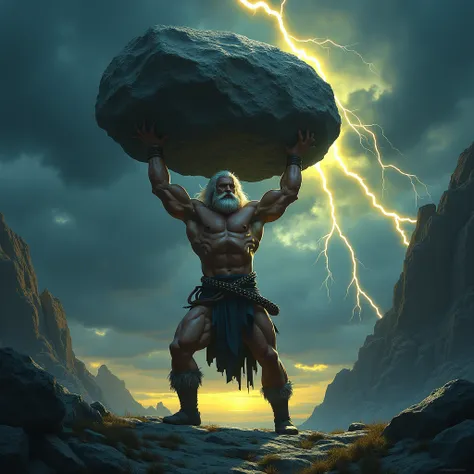 Background of the night sky with yellow lightning. A muscular man with long white hair stands in the distance and lifts a huge rock.