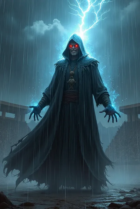 The magician uses a dark spell in the rain at the arena, he looks very angry.