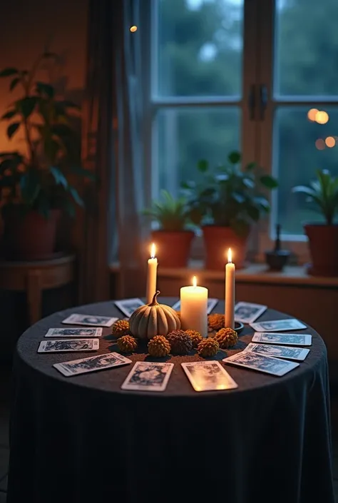 night scene:  A table illuminated with candles and tarot cards , transmitting calm and mystery .

 TEXT IN THE IMAGE:

Header: " Why are you awake at this time ?"

Caption: " Perhaps the universe has something for you ..."

 Call to Action : " Write now an...