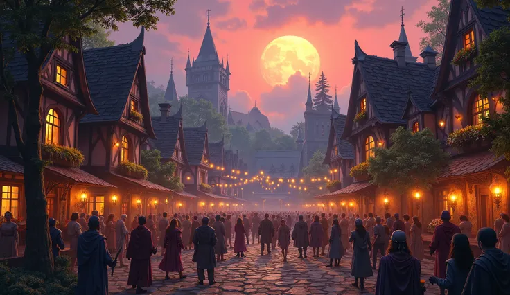  An image depicting the small Darkshire town in Duskwood , do lore de World of Warcraft, during the day,  when Darkshire was a bright and lively city .  There is a town party in the square where everyone is gathered and dancing.  They are waiting for a roy...