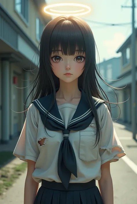 (Photorealistic: 1.2) Beautiful teen japanese girl wearing torn school girl outfit. Long hair, no bangs. With halo on head.