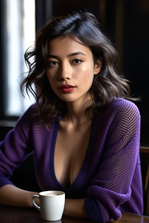 Photograph of 27 year old woman, mixed race, Caucasian and Asian, wavy hair, large breasts, fair skin, full lips, sitting at table with glass of coffee, looking at camera, close-up of upper body (concerned expression with slight smile), textured skin, goos...