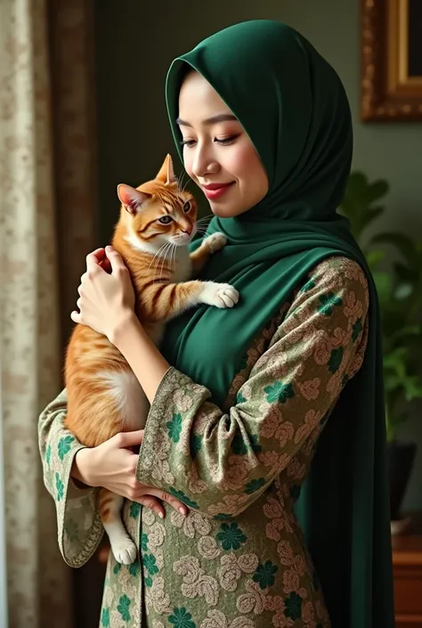 A beautiful malay woman in hijab in green traditional baju kebaya,Wearing stilletto. She is holding a cat delicately, Use warm tones and rich textures to highlight the details in her dress, set against a softly blurred background to draw focus to her face....