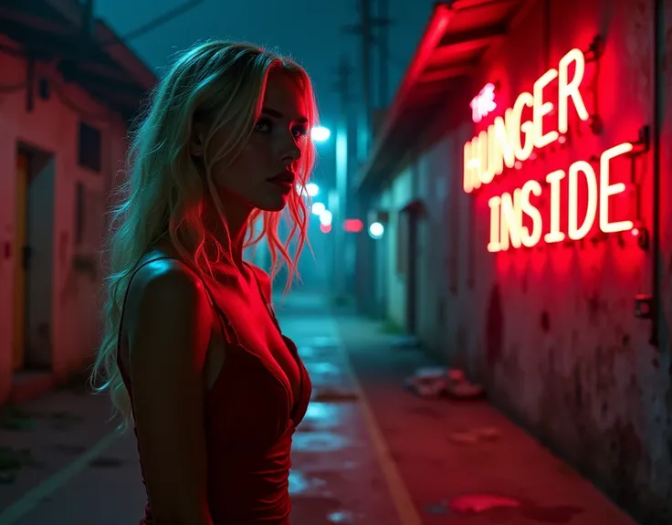 In the background, abandoned and desolated street illuminated by vibrant Neon lights and dark silhouettes creeping forward on the walls of buildings. In the foreground, to the left, CLOSE UP shot of young gorgeous blonde woman in her sexy low-cut red dress...