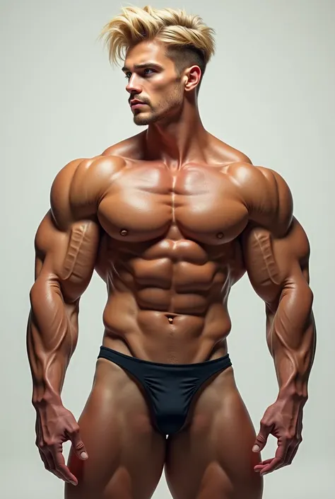 (best quality, profile view full body shot) extremely muscular bodybuilder, 2, 21 years old, blonde hair, blue eyes, wears speedo, his muscles bulging, perfect young face, absolute muscle god, extremely huge cock bulge, giant penis, giant testicles, sex mo...