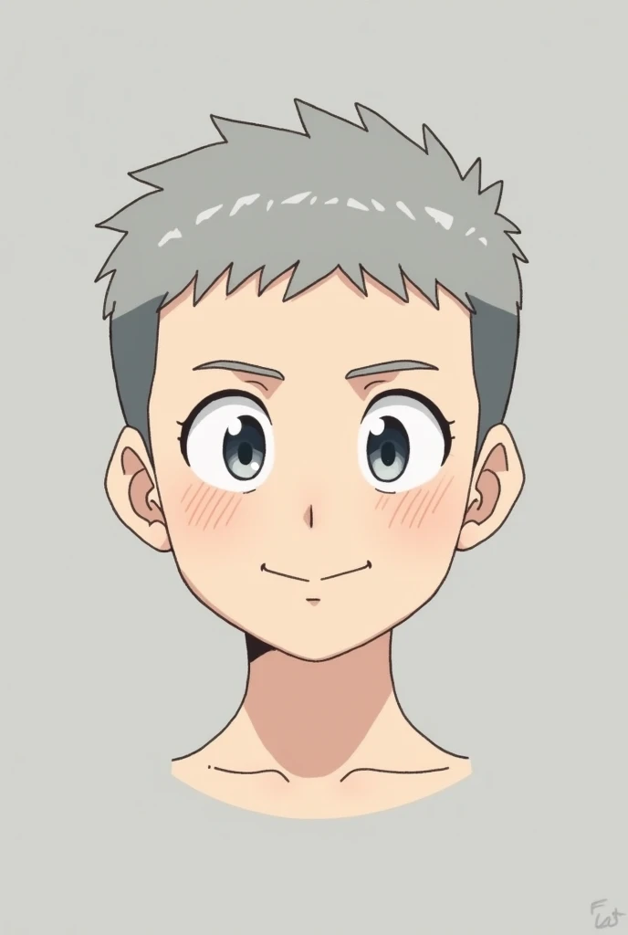 Peaceful Front View FACE friendly Anime Guy with buzz cut (Gray Background)