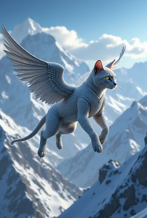 A cat wearing diamond armor has wings flying on Mount Everest